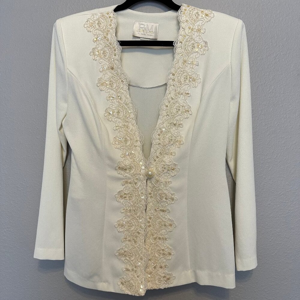 R & M by Karen Kwong Ivory Jacket Pearl Beading & Sequins Size 8
